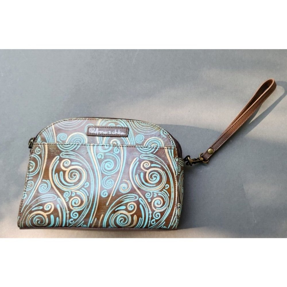 Anuschka Twin Top Wallet Wrislet Organizer Makeup Bag Tooled Waves Small Purse - Picture 16 of 16